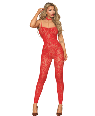 Bodystocking sans couture, fantaisie rouge avec chainettes amovibles 