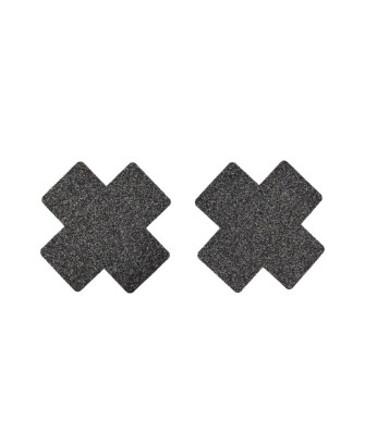 Paire de cache tétons adhésifs croix pailletée noir 