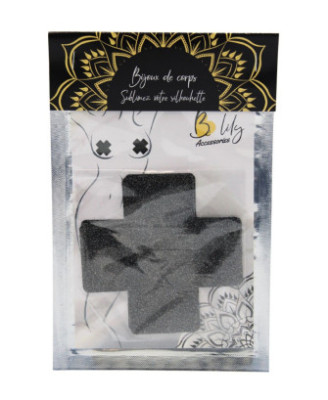 Paire de cache tétons adhésifs croix pailletée noir 