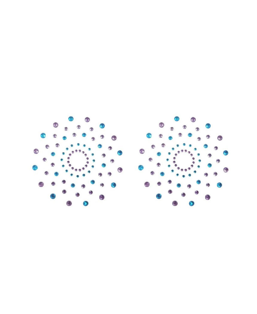 Paire de cache tétons adhésifs strass bleu et violet 